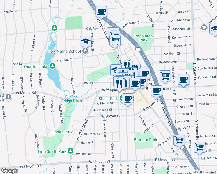map of restaurants, bars, coffee shops, grocery stores, and more near 424 Willits Street in Birmingham