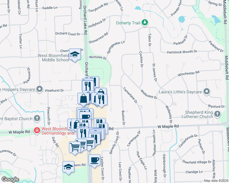 map of restaurants, bars, coffee shops, grocery stores, and more near 6212 Buxton Drive in West Bloomfield Township