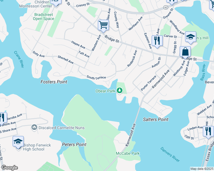 map of restaurants, bars, coffee shops, grocery stores, and more near 12 Marsh Avenue in Beverly