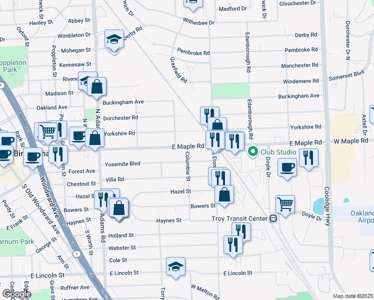 map of restaurants, bars, coffee shops, grocery stores, and more near 100 Cambridge Street in Birmingham