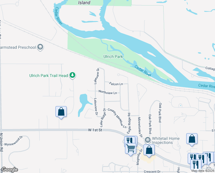 map of restaurants, bars, coffee shops, grocery stores, and more near 2725-2805 Falcon Lane in Cedar Falls
