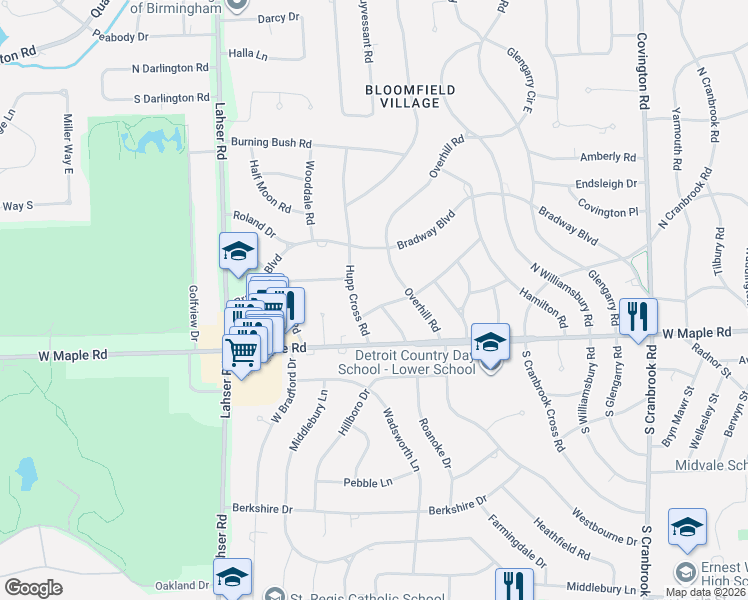 map of restaurants, bars, coffee shops, grocery stores, and more near 284 Hupp Cross Road in Bloomfield Hills