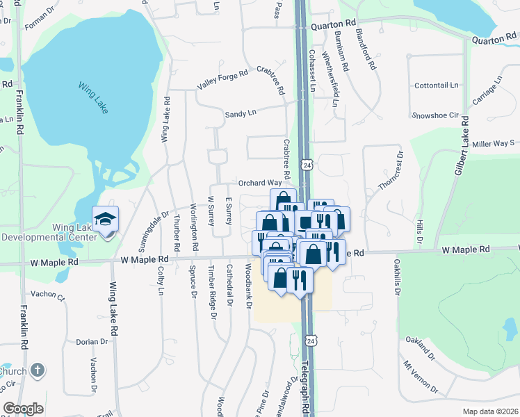 map of restaurants, bars, coffee shops, grocery stores, and more near 104 Coat Lane in Bloomfield Township