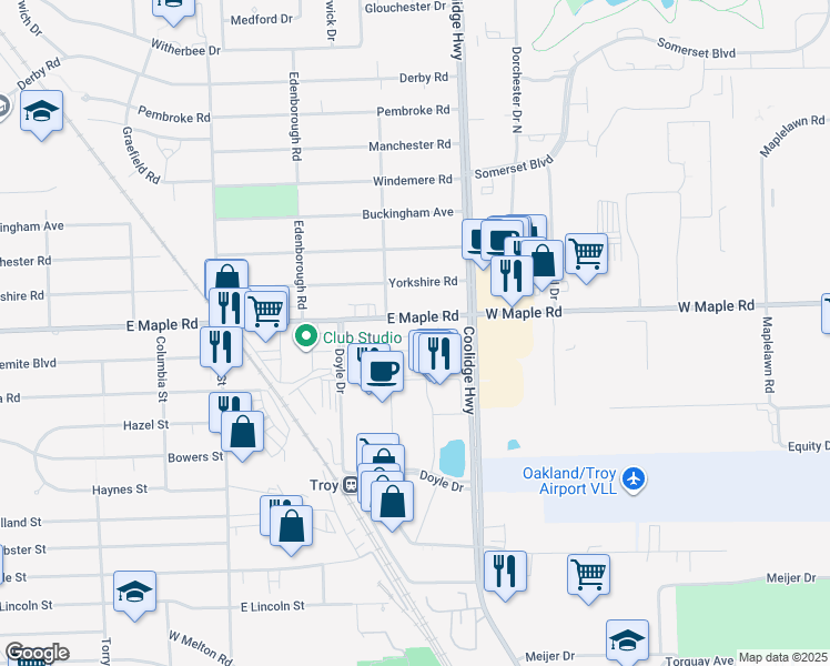 map of restaurants, bars, coffee shops, grocery stores, and more near 2711 East Maple Road in Birmingham