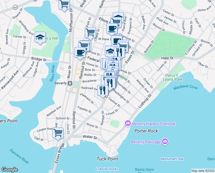 map of restaurants, bars, coffee shops, grocery stores, and more near 186 Cabot Street in Beverly