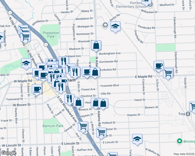 map of restaurants, bars, coffee shops, grocery stores, and more near N Adams Rd & E Maple Rd in Birmingham