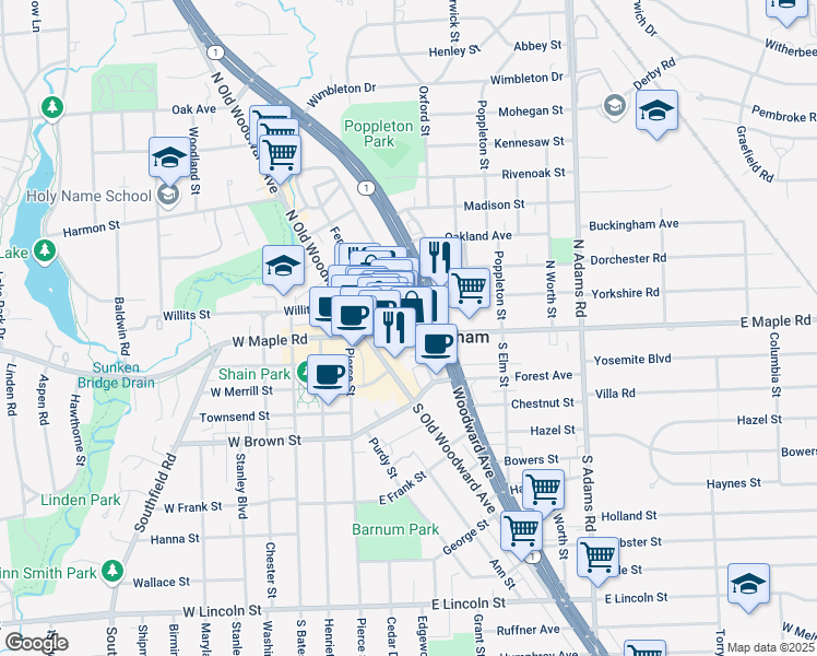 map of restaurants, bars, coffee shops, grocery stores, and more near 248 Park Street in Birmingham