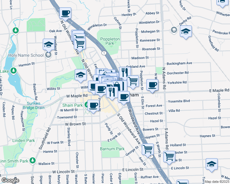map of restaurants, bars, coffee shops, grocery stores, and more near 248 Park Street in Birmingham