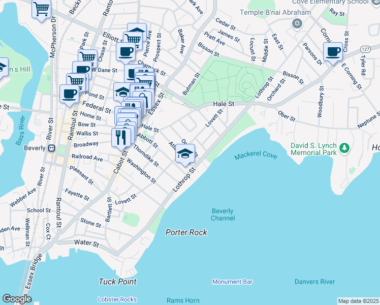 map of restaurants, bars, coffee shops, grocery stores, and more near 83 Lovett Street in Beverly
