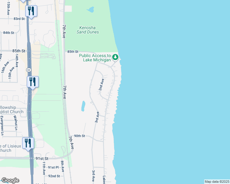 map of restaurants, bars, coffee shops, grocery stores, and more near 8723 Lakeshore Drive in Pleasant Prairie