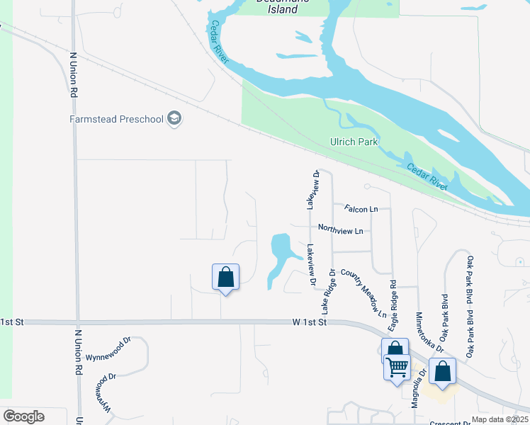 map of restaurants, bars, coffee shops, grocery stores, and more near 1299 Lakeshore Drive in Cedar Falls