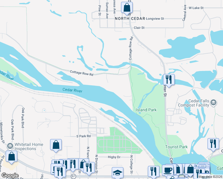 map of restaurants, bars, coffee shops, grocery stores, and more near 1106 Cottage Row Road in Cedar Falls