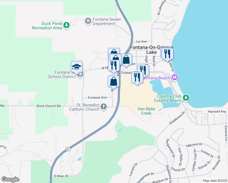 map of restaurants, bars, coffee shops, grocery stores, and more near 543 Valley View Drive in Fontana-on-Geneva Lake