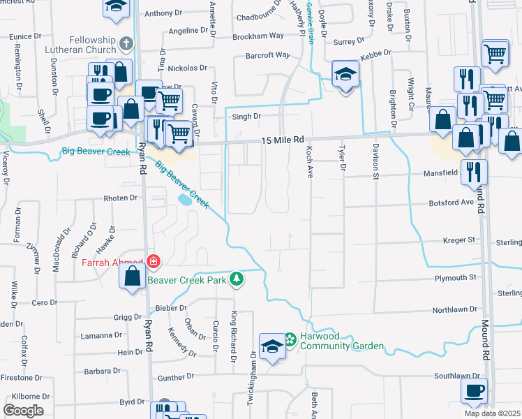 map of restaurants, bars, coffee shops, grocery stores, and more near 34691 Pisces Drive in Sterling Heights