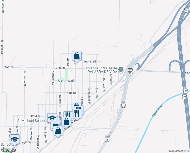 map of restaurants, bars, coffee shops, grocery stores, and more near 4517 Grant Street in Sioux City