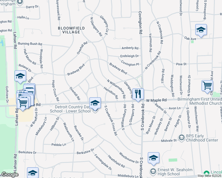 map of restaurants, bars, coffee shops, grocery stores, and more near 220 North Cranbrook Cross Road in Bloomfield Hills