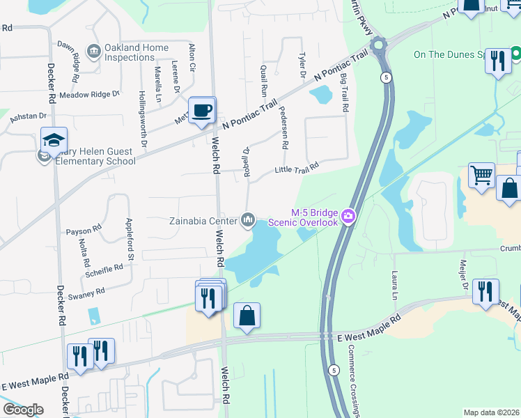 map of restaurants, bars, coffee shops, grocery stores, and more near 1600 Little Trail Road in Commerce Charter Township