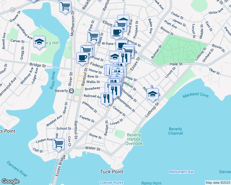 map of restaurants, bars, coffee shops, grocery stores, and more near 186 Cabot Street in Beverly