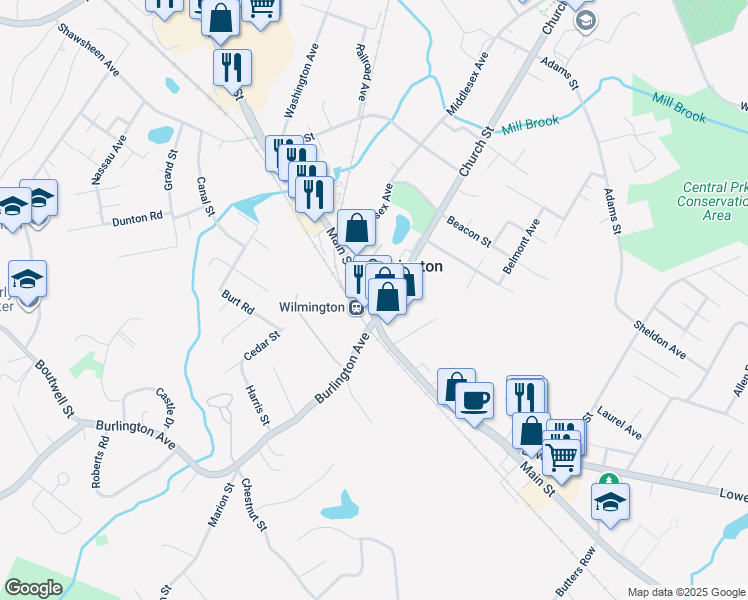 map of restaurants, bars, coffee shops, grocery stores, and more near 408 Main Street in Wilmington