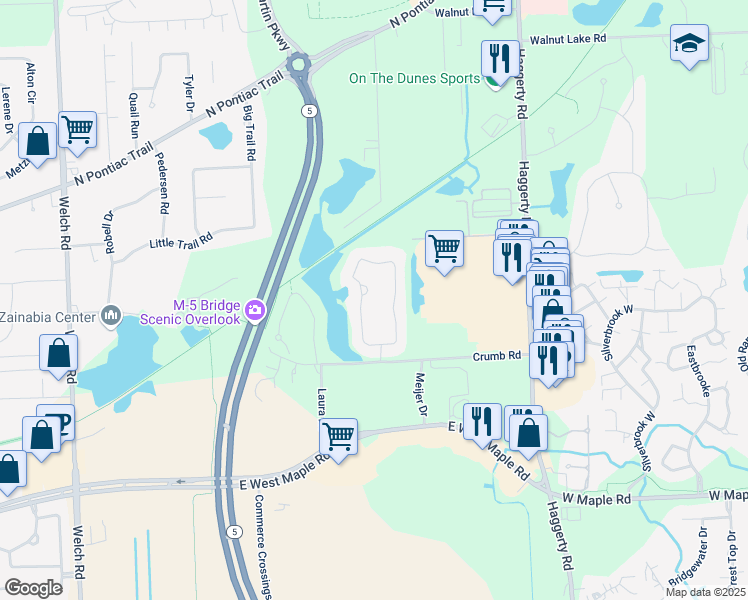 map of restaurants, bars, coffee shops, grocery stores, and more near 1803 Treyborne Circle in Commerce Charter Township