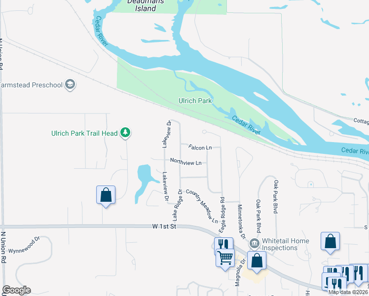 map of restaurants, bars, coffee shops, grocery stores, and more near 2725 Falcon Lane in Cedar Falls