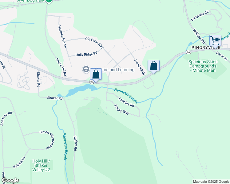 map of restaurants, bars, coffee shops, grocery stores, and more near 6 Robbins Road in Ayer