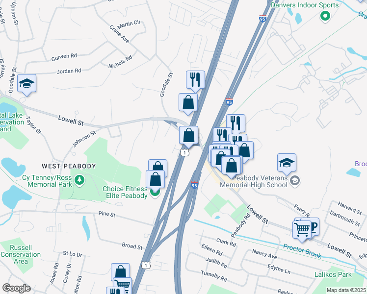 map of restaurants, bars, coffee shops, grocery stores, and more near 226 Newbury Street in Peabody
