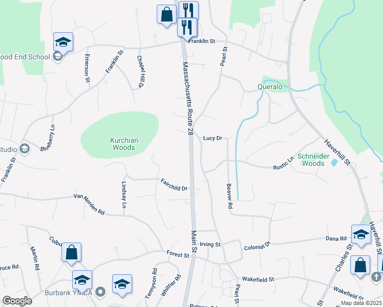 map of restaurants, bars, coffee shops, grocery stores, and more near 1177 Main Street in Reading