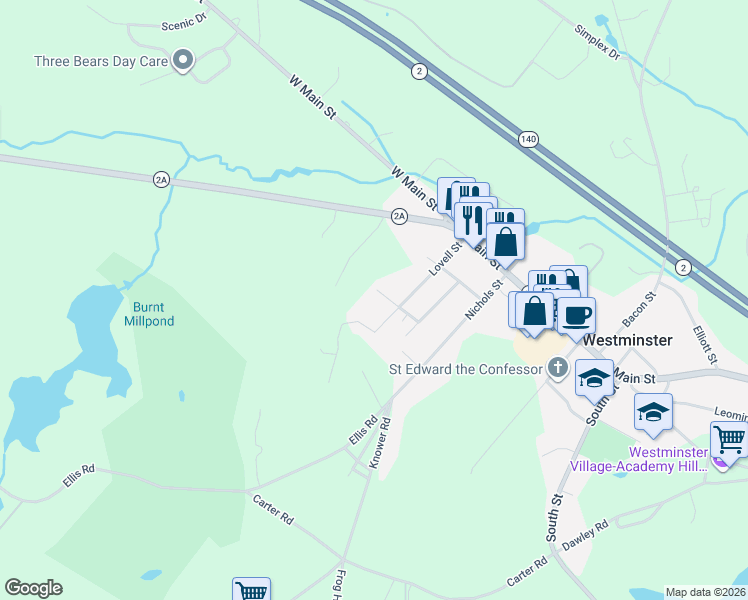 map of restaurants, bars, coffee shops, grocery stores, and more near 1 Elm Street in Westminster