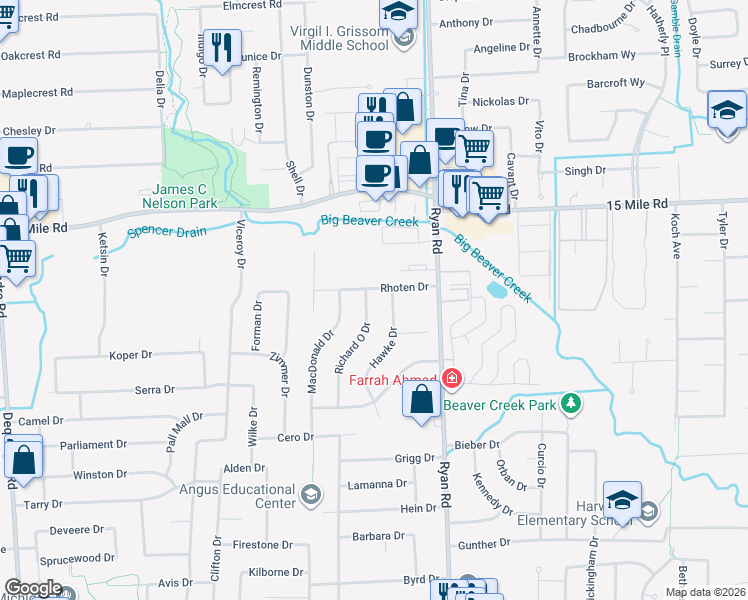 map of restaurants, bars, coffee shops, grocery stores, and more near 34677 Hawke Drive in Sterling Heights