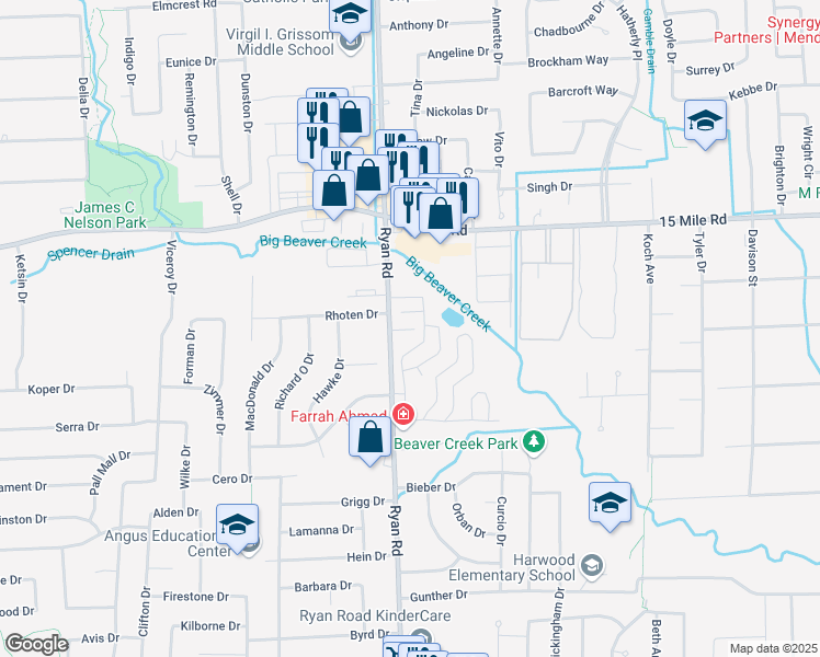map of restaurants, bars, coffee shops, grocery stores, and more near 4112 Shoal Creek Drive in Sterling Heights