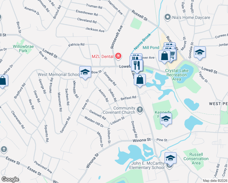 map of restaurants, bars, coffee shops, grocery stores, and more near 17 Dublin Road in Peabody