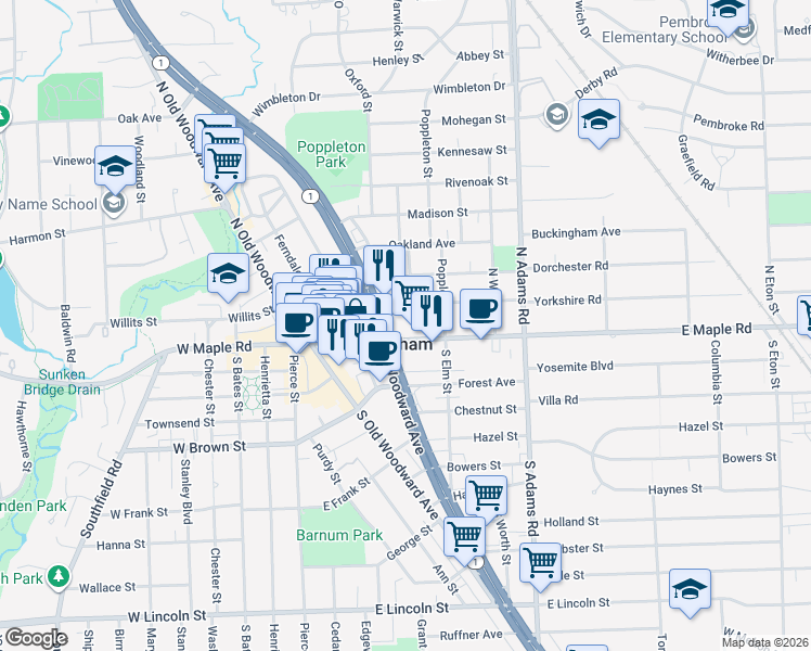 map of restaurants, bars, coffee shops, grocery stores, and more near in Birmingham