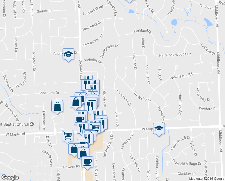 map of restaurants, bars, coffee shops, grocery stores, and more near 6212 Buxton Drive in West Bloomfield Township