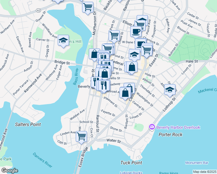 map of restaurants, bars, coffee shops, grocery stores, and more near 50 Broadway in Beverly