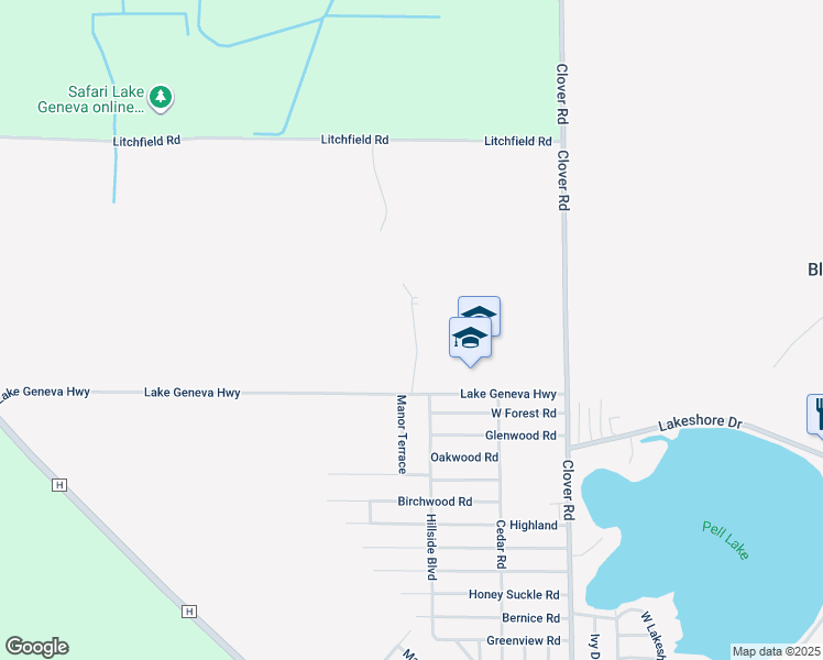map of restaurants, bars, coffee shops, grocery stores, and more near W1438 Lake Geneva Highway in Lake Geneva