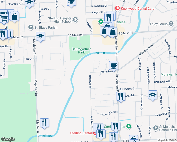 map of restaurants, bars, coffee shops, grocery stores, and more near 34097 Moravian Drive in Sterling Heights