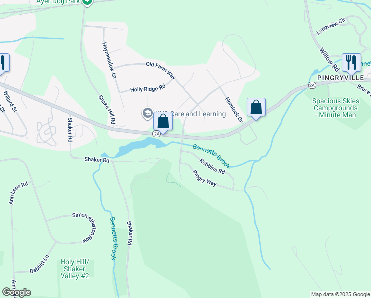 map of restaurants, bars, coffee shops, grocery stores, and more near 2 Robbins Road in Ayer