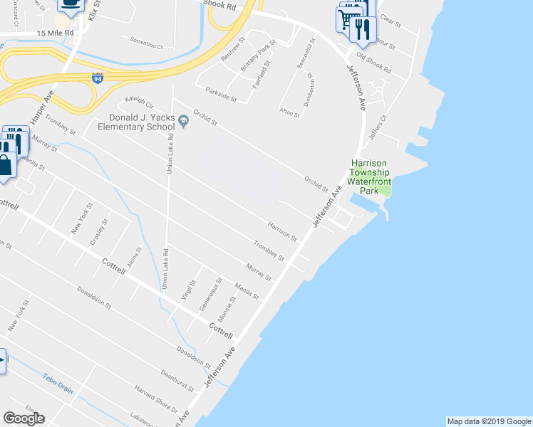map of restaurants, bars, coffee shops, grocery stores, and more near 24949 Harrison Street in Harrison Township