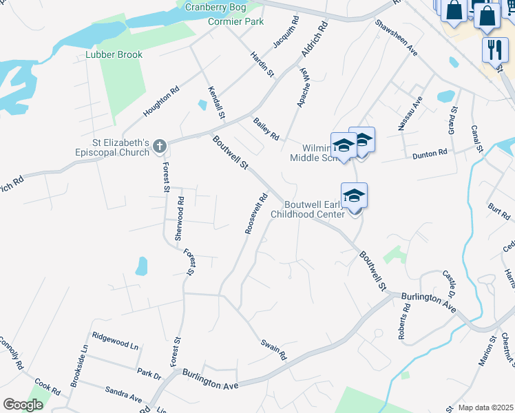 map of restaurants, bars, coffee shops, grocery stores, and more near 7 Roosevelt Road in Wilmington
