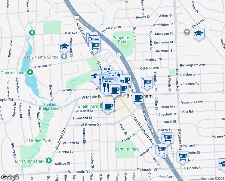 map of restaurants, bars, coffee shops, grocery stores, and more near 275 North Old Woodward Avenue in Birmingham