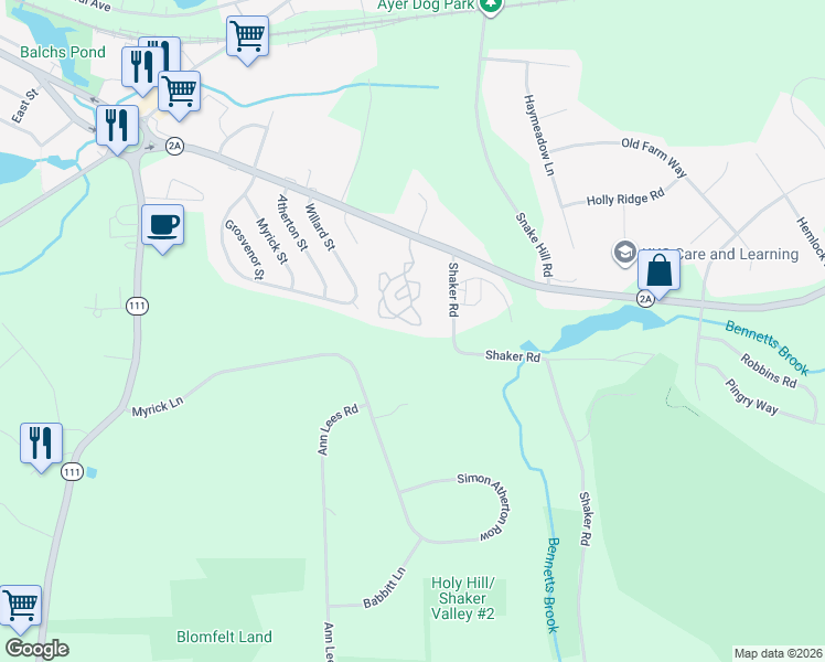 map of restaurants, bars, coffee shops, grocery stores, and more near 55 Littleton Road in Ayer