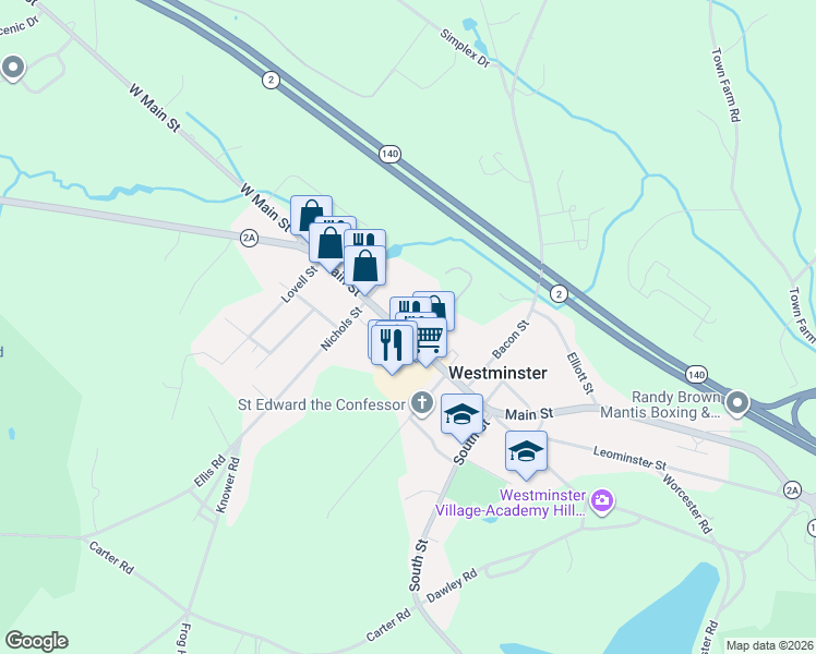 map of restaurants, bars, coffee shops, grocery stores, and more near 84 East Main Street in Westminster