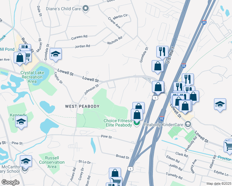map of restaurants, bars, coffee shops, grocery stores, and more near 8 Carpenter Street in Peabody