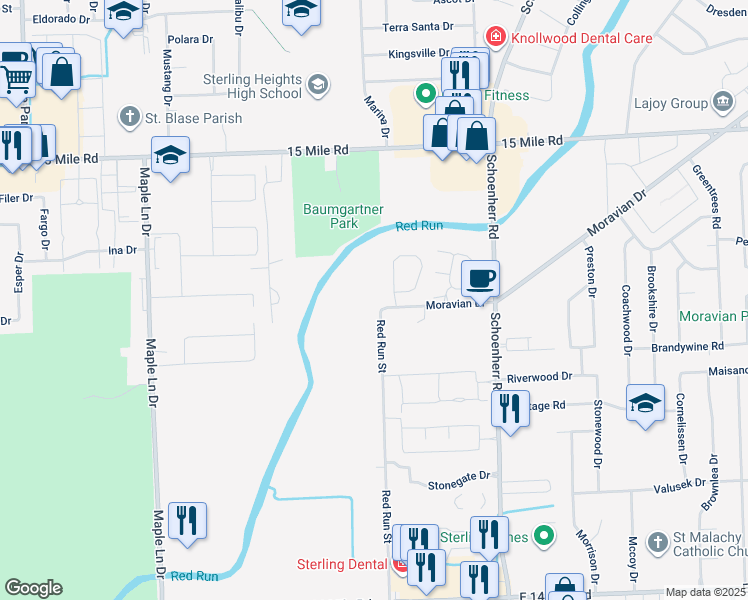 map of restaurants, bars, coffee shops, grocery stores, and more near 34097 Moravian Drive in Sterling Heights
