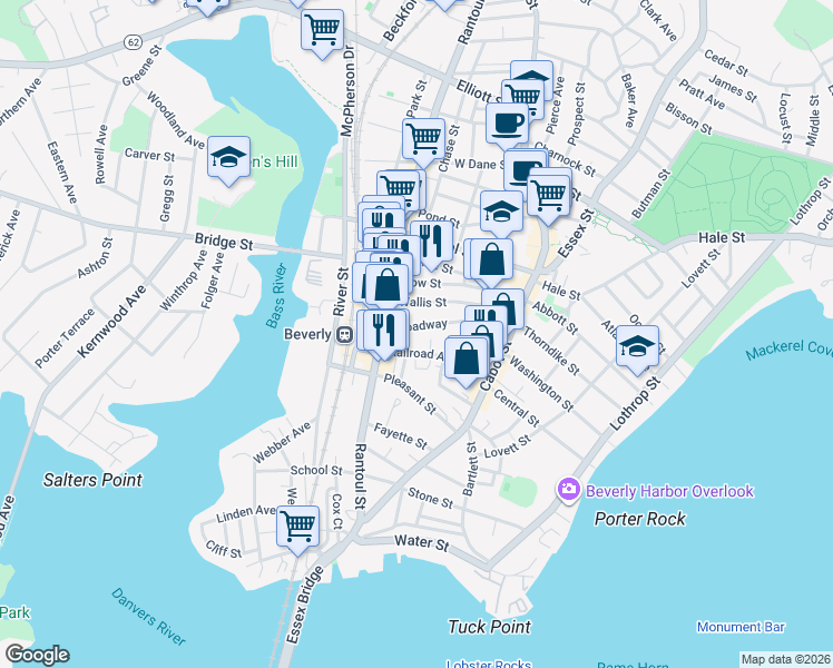 map of restaurants, bars, coffee shops, grocery stores, and more near 32 Broadway in Beverly