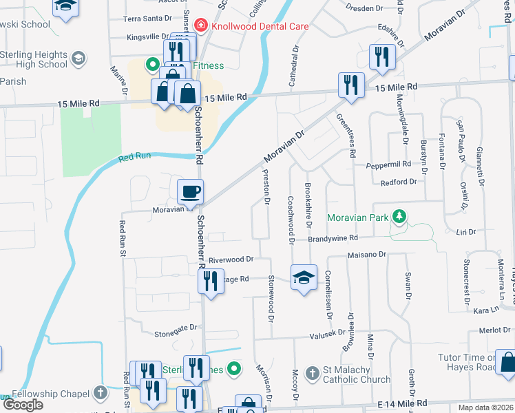 map of restaurants, bars, coffee shops, grocery stores, and more near 34247 Rockford Road in Sterling Heights