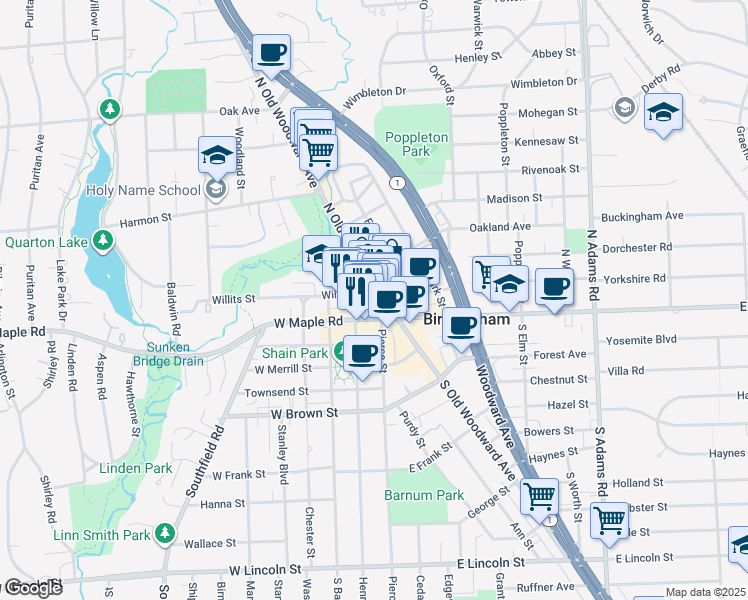 map of restaurants, bars, coffee shops, grocery stores, and more near 275 North Old Woodward Avenue in Birmingham