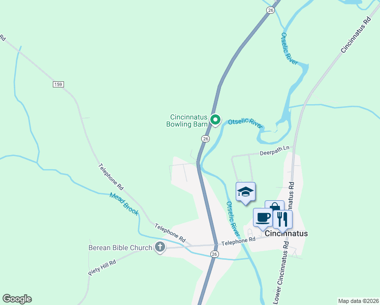 map of restaurants, bars, coffee shops, grocery stores, and more near 2895 State Route 26 in Cincinnatus