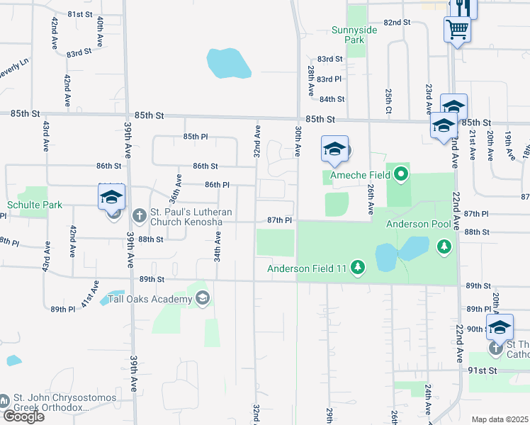 map of restaurants, bars, coffee shops, grocery stores, and more near 8719 32nd Avenue in Kenosha